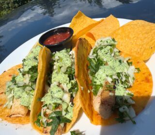 NEW MENU ITEM!!!! Grilled Halibut Tacos! 3 Tacos topped with a cabbage onion cilantro mix with a spicy lime cilantro sauce served with a side a chips and salsa!