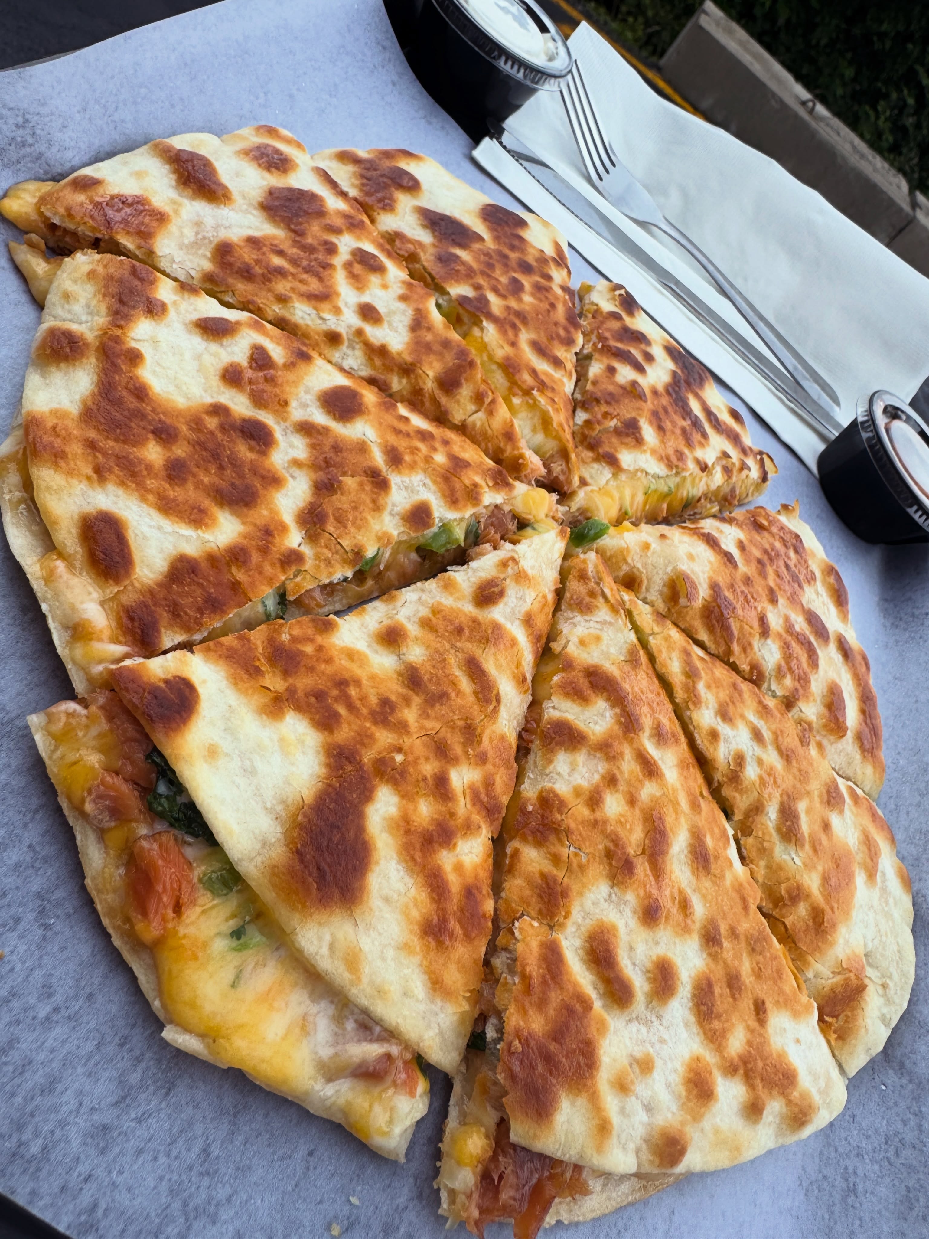 Smoked Salmon Quesadilla!! W onions, jalapeño, cilantro, cheese and smoked salmon!!