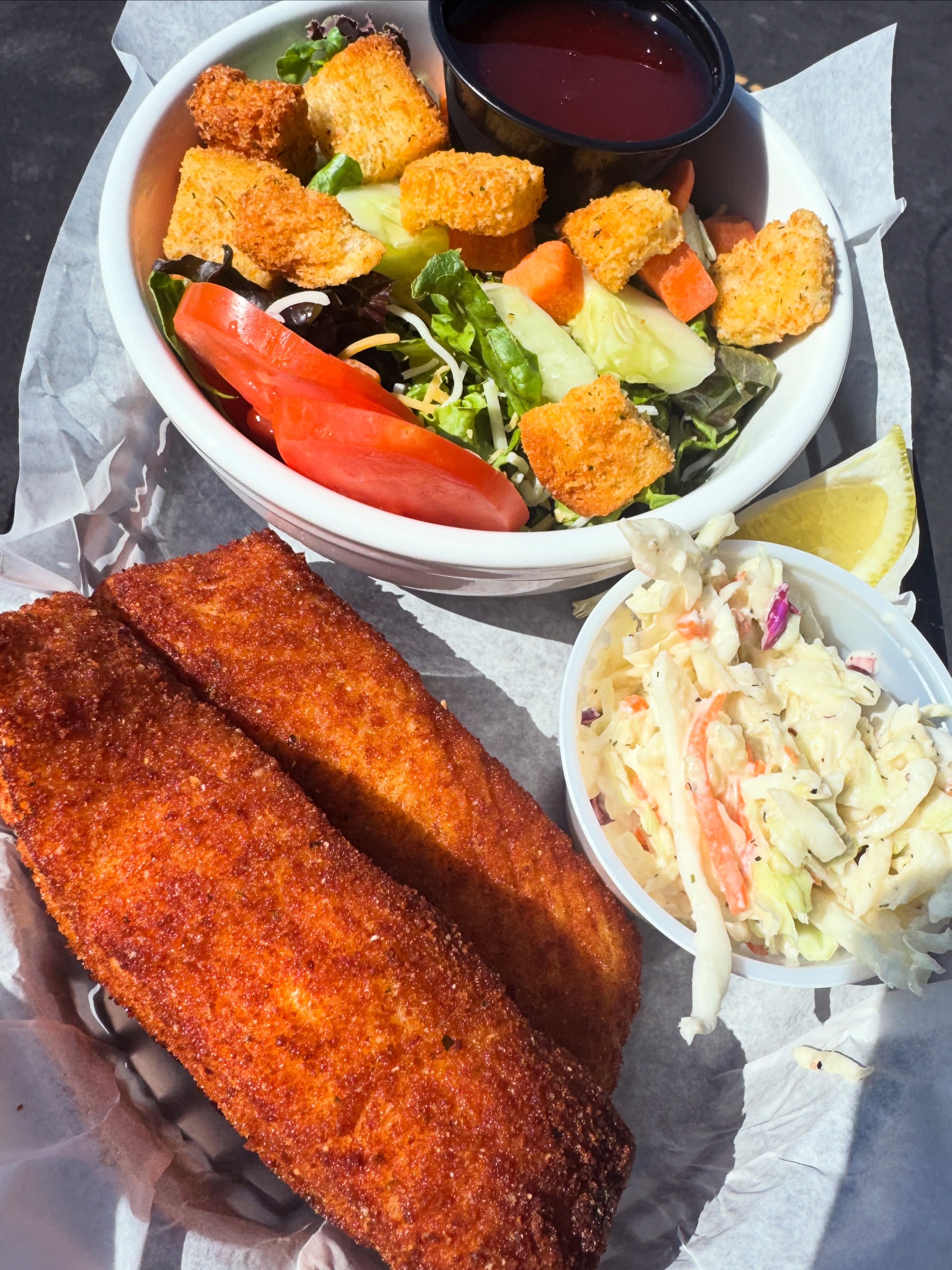 Halibut Original , Sub side salad with raspberry vinaigrette!!