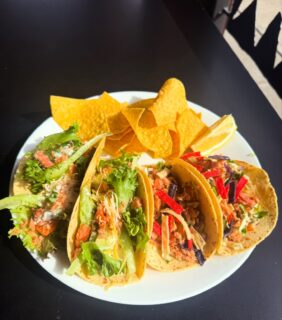 Smoked Salmon Taco Plate! 4 Tacos total, 2 Tacos with lettuce,cucumber carrots cheese, and smoked salmon with choice of Dressing,  2 Tacos with our cabbage, cilantro, onion slaw topped with smoked fish and close slaw dressing for $25!!