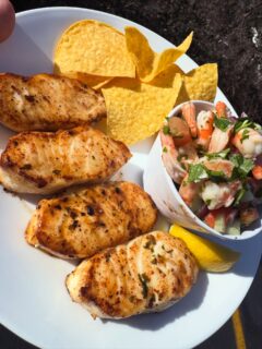 Grilled Columbia River Sturgeon with a side of ceviche and tortilla chips!! Yummmmm